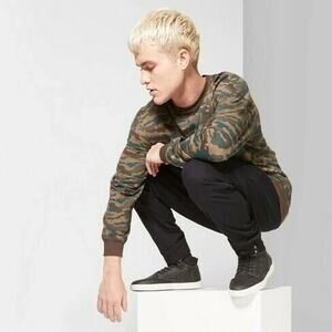 Men's Camo Print Loose Fit Drop Shoulder French Terry Crew Neck Sweatshirt - XS